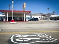 Amboy, Arizona, April 18th, 2023 Traditional sign on the Route 66 aat Amboy with coffee and petrol station