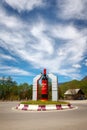 Ambrolauri, Georgia - 28 April 2017: Monument to the bottle of wine Khvanchkara