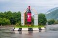 Ambrolauri, Georgia - 3 October, 2021: Monument of Georgian wine Khvanchkara in Ambrolauri