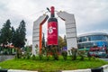 Ambrolauri, Georgia - 3 October, 2021: Monument of Georgian wine Khvanchkara in Ambrolauri