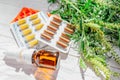 Ambrosia artemisiifolia allergy. Pills and nasal spray to cure ragweed allergy. Healthcare and medicine Royalty Free Stock Photo