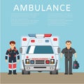 Ambulance, background information, emergency medical vehicle, transportation rescue, design cartoon style vector Royalty Free Stock Photo