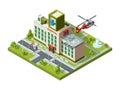Ambulance building. Emergency transport helicopter on hospital roof helipad vector healthcare isometric