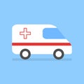 Ambulance car on blue background. Medical evacuation. Ambulance emergency. First aid. Vector illustration