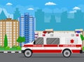 Ambulance car. City landscape with skyscrapers.