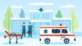 Ambulance car, doctors, hospital wheel bad and building vector illustration. Royalty Free Stock Photo