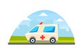 Ambulance Car, Emergency Medical Service Vehicle on City Landscape Background Vector Illustration Royalty Free Stock Photo