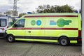 Ambulance car with free mobile flu vaccination. Moscow, Russia, 09/20/2020