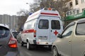 The ambulance car gets stuck in a traffic jam. Tyumen, Russia