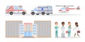 Ambulance car, hospital and medical staff set. Royalty Free Stock Photo