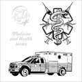 Ambulance car. Hospital transport medical care clinic and Medical symbol of the Emergency emblem. Vector illustration