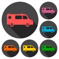 Ambulance car icons set with long shadow Royalty Free Stock Photo
