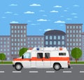 Ambulance car on road in urban landscape Royalty Free Stock Photo