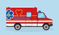 Ambulance car side view. Emergency medical service vehicle with heart shape, cardio pulse and medic sign.