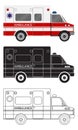 Ambulance car in three different styles: color, black silhouette, contour. Emergency medical service vehicle.