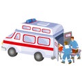 Ambulance car together with paramedics pick up a patient on a stretcher, cartoon illustration, isolated object on white background Royalty Free Stock Photo