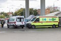 Ambulance car for vaccination in the square. Widespread immunization in the perilde pandemic of the coronavirus. Moscow, Russia,