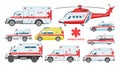 Ambulance car vector emergency ambulance-service vehicle or van and medical care transport in hospital illustration set Royalty Free Stock Photo