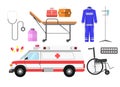 Ambulance car, wheelchair, gurney wheeled stretcher, medical kit, blue uniform Royalty Free Stock Photo