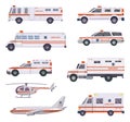 Ambulance cars. Health rescue service vehicle van helicopter paramedic emergency hospital urgent auto 911 vector cartoon