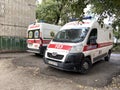 Ambulance cars parking near hospital during the coronavirus pandemic