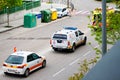 Ambulance and civil protection vehicles greet neighbors during the alert for the coronavirus