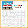 Ambulance. Coloring book for kids. Colorful Puzzle Game for Children with answer