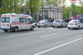Sankt- Petersburg, Russia - May 28, 2017: Ambulance comes for police cars along the street of the city. Sankt- Petersburg, Russia