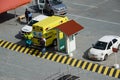 An ambulance on a cruise ship dock in Aruba waiting to take a cruise ship passenger to the hospital for a medical emergency