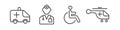 Ambulance, doctor, disabled person, medical helicopter. Four medical outline icons. Vector illustration