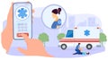 Ambulance, doctor help injured patient, flat vector illustration. Mobile app for hospital talk center, web banner