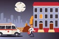 Ambulance doctor hurries to emergency call at night, first aid healthcare service, vector illustration