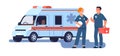 Ambulance doctors with car and medical kit. Paramedic man and woman in uniform. Hospital rescue vehicle. Health care and Royalty Free Stock Photo