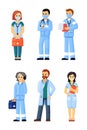 Ambulance doctors and nurses set. Medical specialists in blue uniforms with masks and gowns emergency resuscitation Royalty Free Stock Photo