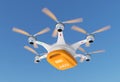 Ambulance drone delivers AED kit for emergency medical care concept.