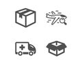 Ambulance emergency, Search flight and Parcel icons. Opened box sign. Vector