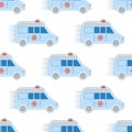 Ambulance first aid car pattern seamless repeat in cartoon style emergency medicine rescue siren transportation vector