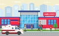 Ambulance first aid emergency medical station modern building vector illustration. Ambulance car, doctor and other