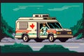 An ambulance is in a hurry to answer a call, 8 bit style, clear style