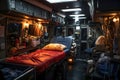 Ambulance interior with a bed and a monitors, many medical devices. No people, empty