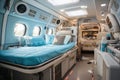 Ambulance interior with a bed and a monitors, many medical devices. No people, empty