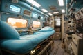 Ambulance interior with a bed and a monitors, many medical devices. No people, empty