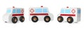 Ambulance isolated on white, different angles. Collage design with children\'s toy Royalty Free Stock Photo