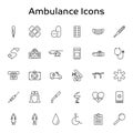 Ambulance, Medical and Healthcare outline vector icons