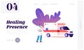 Ambulance Medical Staff Service Landing Page Template. Medic Character Stand at Car in Hospital