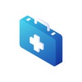 Ambulance medical suitcase isometric vector. Blue box with white handle and cross in center.