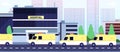 Ambulance queue at hospital building. Paramedics or reanimation, healthcare in pandemic time vector illustration