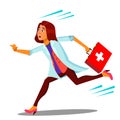 Ambulance, Running Doctor Woman With First Aid Box Vector. Isolated Cartoon Illustration Royalty Free Stock Photo