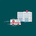 An ambulance is rushing to the hospital. Vector illustration of an ambulance. Cartoon Medical evacuation ambulance and