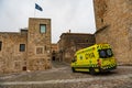 An ambulance stopped at the Plaza de San Mateo in the old town of Caceres, Extremadura, Spain.